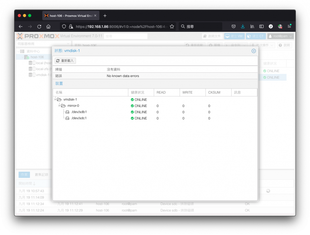 檢視鏡像 vmdisk-1 儲存集區細節