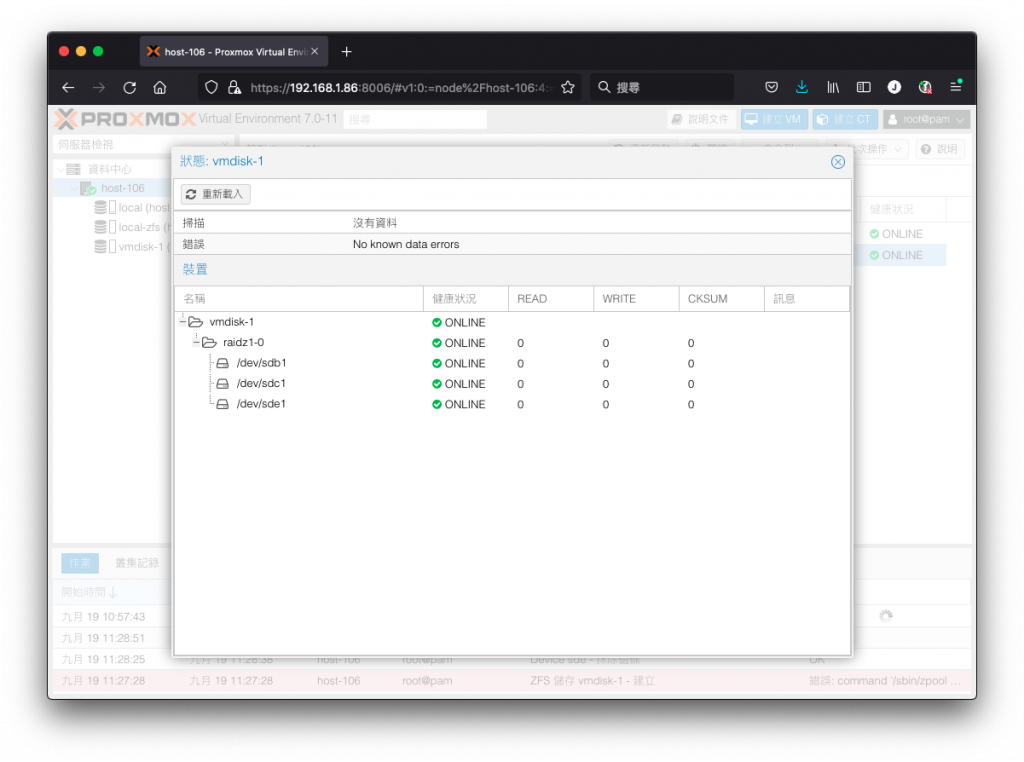 檢視 RAIDZ vmdisk-1 儲存集區細節